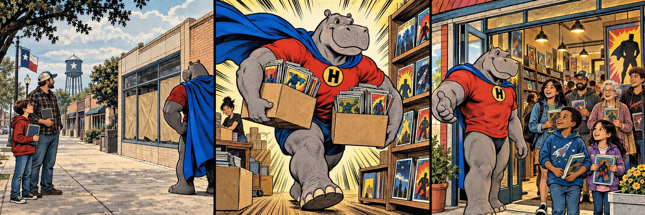 Super Hippo welcomes readers into a colorful comic shop.